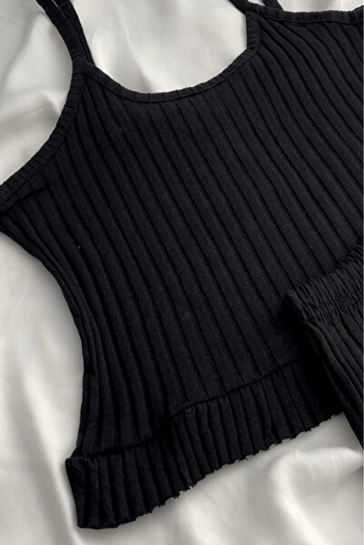 Gece İncisi Black Cotton Strap Top Shorts Set