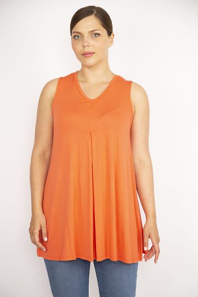 Şans Women's Orange Plus Size V-Neck Front A Pleat Blouse 65n36598