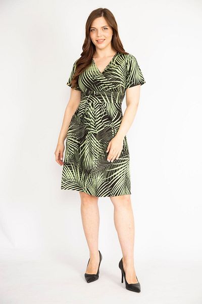 Şans Women's Green Large Size Wraped Collar Dress 65n36410