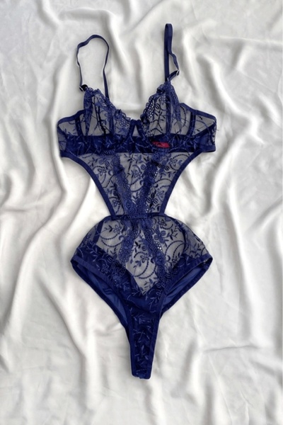 Gece İncisi Navy Blue Floral Detailed Bodysuit