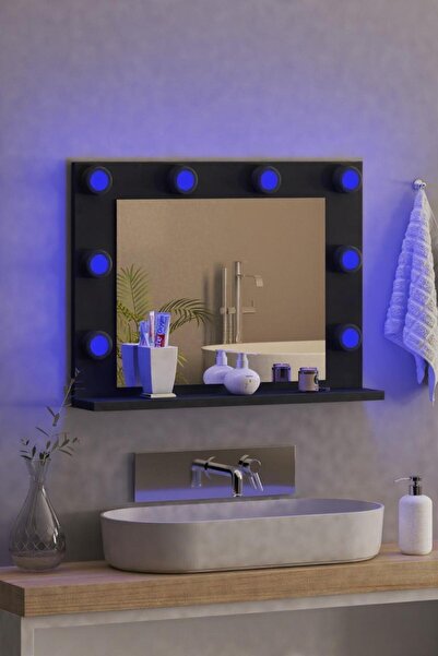 nysamo 70x52 Cm Siyah Raflı Işıklı Kumandalı Makyaj Masası Etejer Banyo Aynası Dresuar Salon Aynası