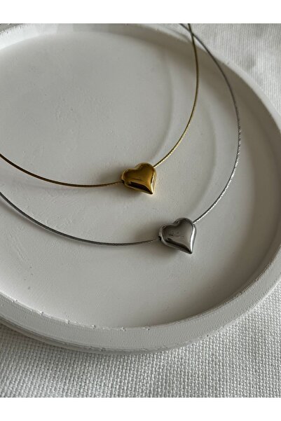 DEMOKAN Kadın Çelik Kolye Tel Zincir Büyük Kalp Kararmaz Kolye