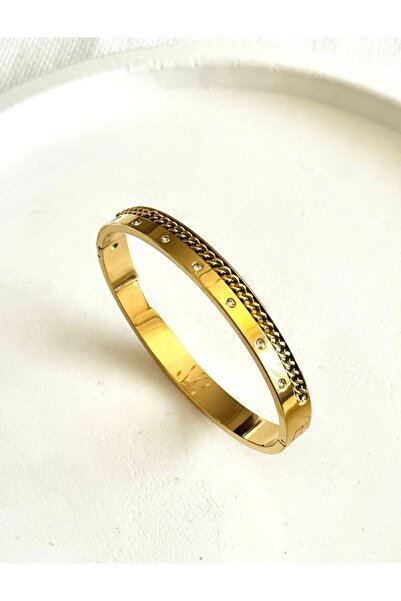 DEMOKAN سوار نسائي من الفولاذ بتفاصيل حجر غير مشوه - سلسلة عادية