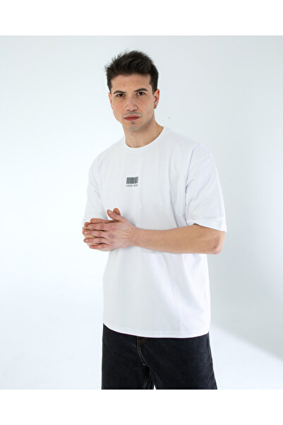 Lescho تي شيرت مطبوع كبير الحجم للجنسين باللون الأبيض