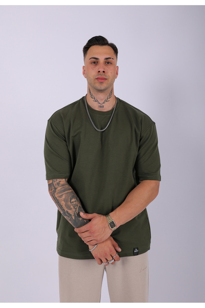 Lescho Unisex 100% Cotton Oversize Solid T-Shirt Khaki