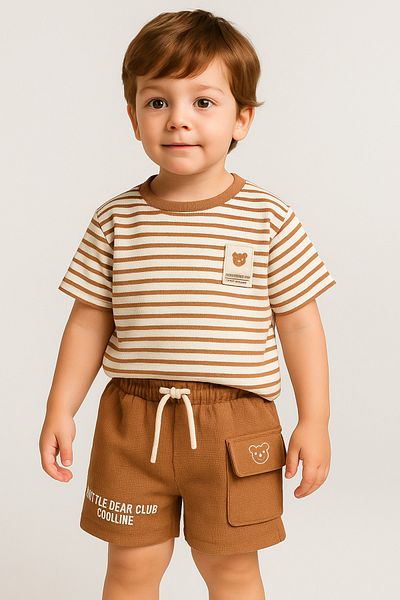 2kids2mom Seersucker Fabric Teddy Bear Printed Boys' T-Shirt and Shorts Set