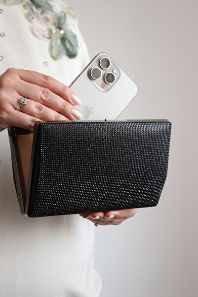 Mimoza Women's Black Stone Detailed Metal Handle Evening Dress Clutch Bag