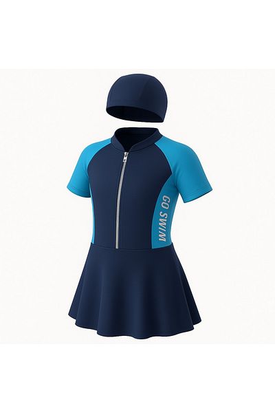 pistyle Fusta pentru fete Pantaloni scurți Bonnet Țesătură importată +40 Factor Protecție solară Albastru Albastru închis Culoare Go Swim