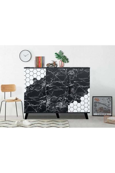 Generic Shoe Cabinet 4-Tiers Malaysian Wood with 3 Doors - Marble Black