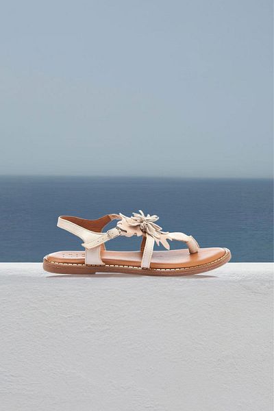Deriderim Sandale de damă - piele de căprioară autentică albă, florale, talpă flip flop, piele naturală maro, curea la gleznă