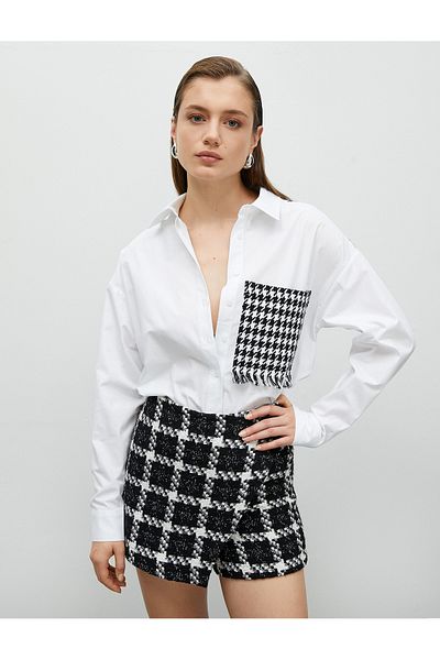 Koton Cămașă Houndstooth Tweed Tesatura dublă Detaliată Buzunar Buzunar Manecă lungă Bumbac