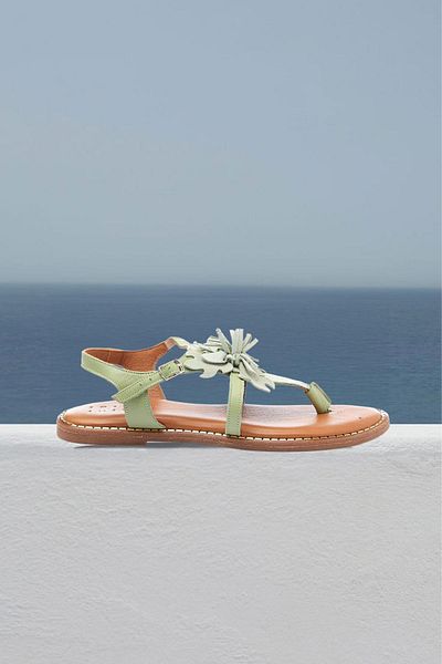 Deriderim Sandale pentru femei din piele întoarsă verzi florale verzi - talpa flip flop, curea de piele maro la glezna