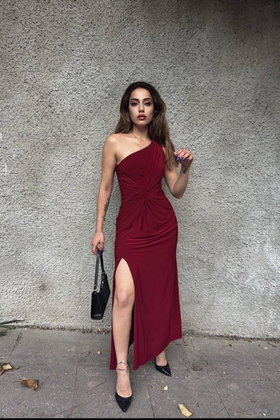 Safgiyim44 Büzgü Detaylı Abiye Elbise Bordo