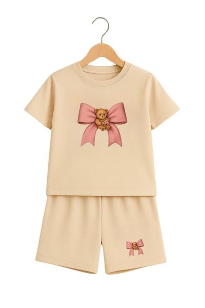 VBSVİBES Pink Bear Teddy Bear Ribbon Printed Children's Suit - Beige Shorts Beige T-Shirt Suit Printed Girl's Summer Suit