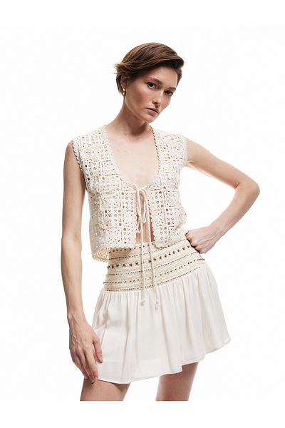 Koton Viscose Fabric Crochet Detailed Bead Embroidered Mini Flared Skirt