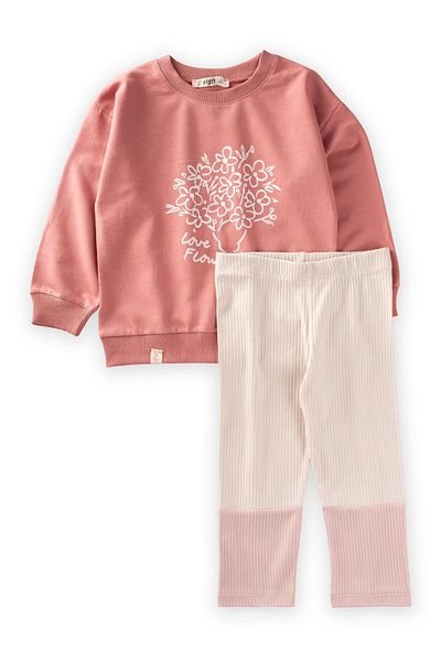 Cigit Love Flower Printed Two Color Tights Seasonal Suit 2-10 Years Light Beige-Powder