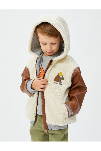 Koton Hooded Plush Jacket with Embroidered Faux Leather Detail