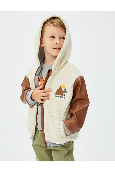 Koton Hooded Plush Jacket with Embroidered Faux Leather Detail