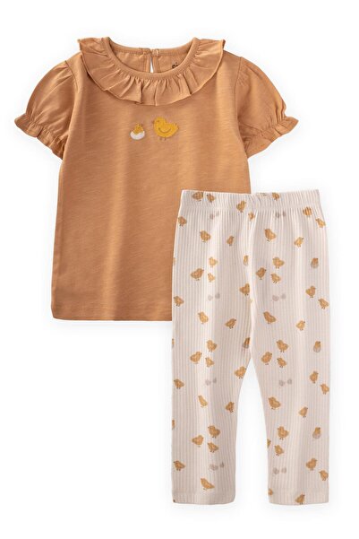 Cigit 1-5 Years Old Camel T-Shirt Set - Frilly Collared Tights