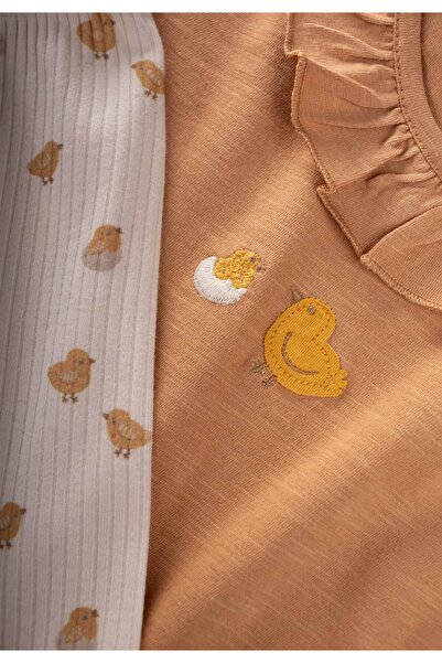 Cigit 1-5 Years Old Camel T-Shirt Set - Frilly Collared Tights