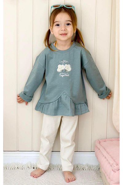 Cigit Cotton Printed Muslin Garnished Seasonal Suit Age 2-8 Age Green