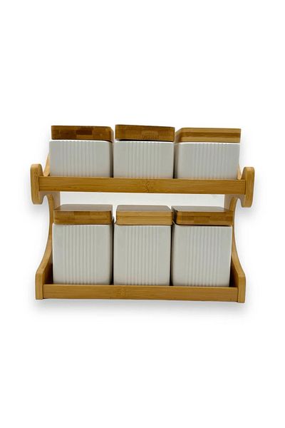 Generic Spice set with wooden stand - 7 pieces - white and brown