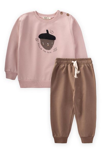 Cigit 1-5 Years Old Fallin for You Printed Sweatshirt Set - Powder Pink