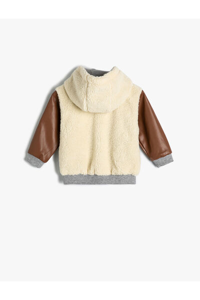 Koton Hooded Plush Jacket with Embroidered Faux Leather Detail