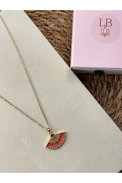 lotusbybuket Vıp Çelik Gold Özel Tasarım Kırmızı Yelpaze Kolye