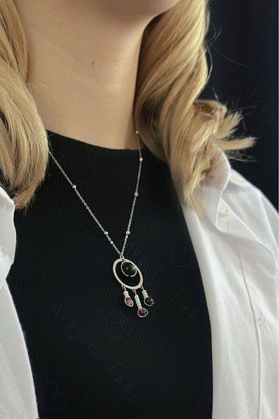 SEVGİLİ TAKI Obsidian And Agate Natural Stone Steel Necklace| Guard Series