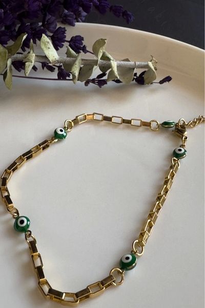 SEVGİLİ TAKI Gold Steel Anklet - Green Evil Eye Beaded| Allure Series