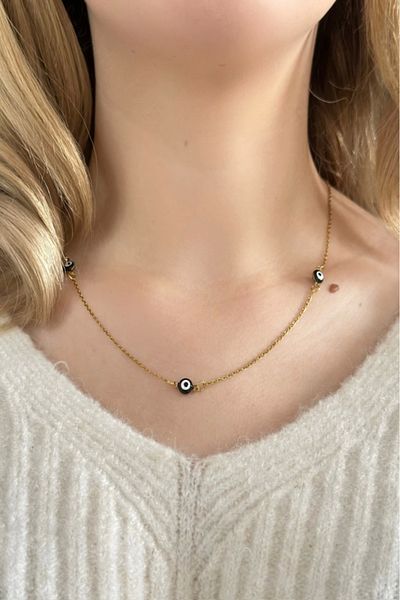 SEVGİLİ TAKI Evil Eye Beaded Gold Steel Necklace -777 Series
