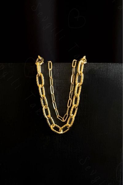 SEVGİLİ TAKI Double Paper Clip Gold Steel Chain Bracelet |   Metoo Series