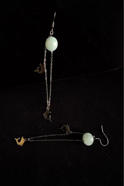 SEVGİLİ TAKI Aquamarine Natural Stone Whale Charm Steel Earrings - Vishuddha Series