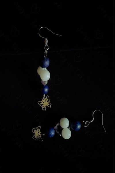 SEVGİLİ TAKI Lapis And Moon Natural Stone Steel Earrings - ligature Series