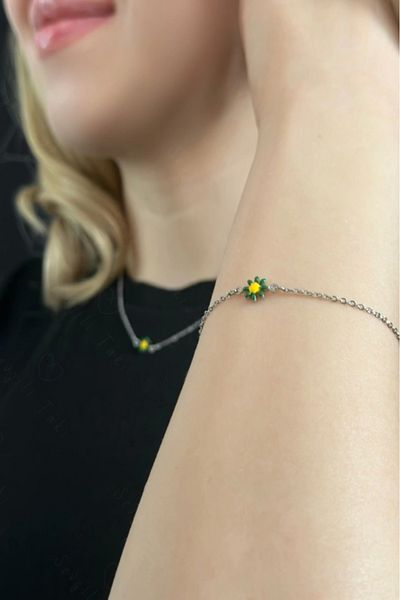SEVGİLİ TAKI Green Daisy Charm Steel Necklace and Bracelet Set| River Series