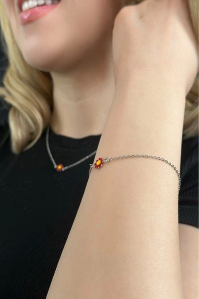 SEVGİLİ TAKI Zemheri Series - Red Daisy Charm Steel Necklace and Bracelet Set