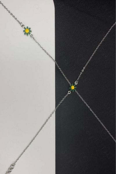 SEVGİLİ TAKI Green Daisy Charm Steel Necklace and Bracelet Set| River Series