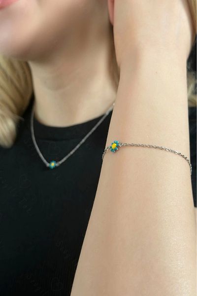 SEVGİLİ TAKI Blue Daisy Charm Steel Necklace and Bracelet Set| 777 Series