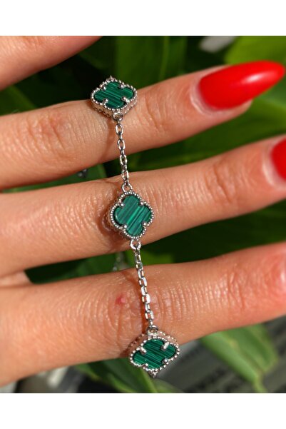 vogutima Kadın Gümüş Bileklik - 4 Yapraklı Yonca 5'li Malakit Taşlı Rhodium Kaplama • Işıklı Kutuda