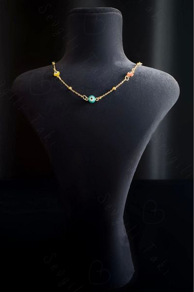 SEVGİLİ TAKI Evil Eye Beaded Choker Gold Steel Necklace - Lover Jewelry Collection