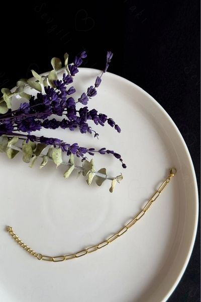SEVGİLİ TAKI Paperclip Embossed Children's Gold Steel Chain Bracelet| Ida Series