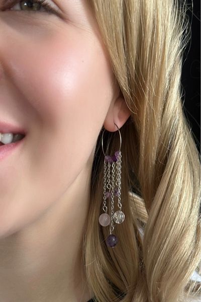 SEVGİLİ TAKI Amethyst Crystal Quartz and Agate Natural Stone Steel Earrings -777 Series