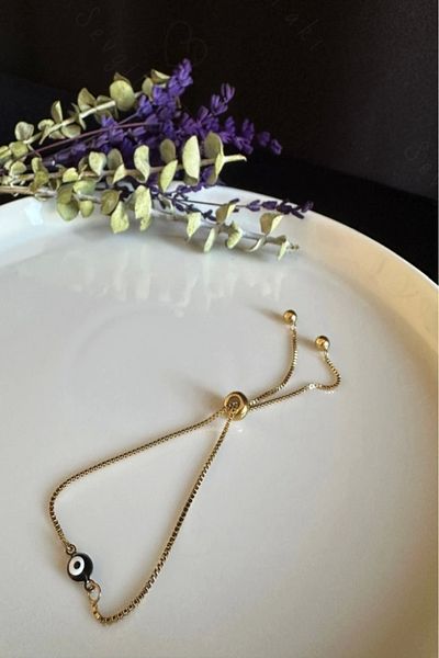 SEVGİLİ TAKI Adjustable Gold Steel Bracelet with Black Charm - Lover Jewelry Collection