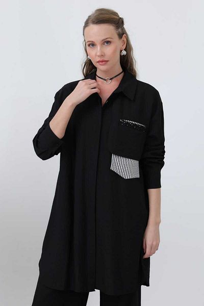 Puane Women Shirt Collar Tunic Pocket Detail Pants Sides Stripe Suit Black 14322