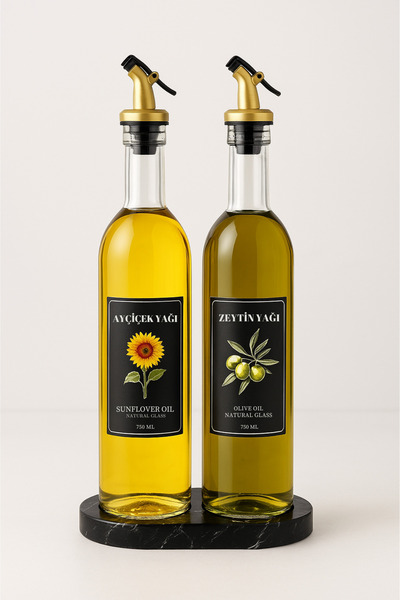 Denizcan Home Marble Patterned Acrylic Stand 2-Piece Oil Bottle 750 ml Olive Oil Liquid Oil Bottle Transparent Glass Oil Pot