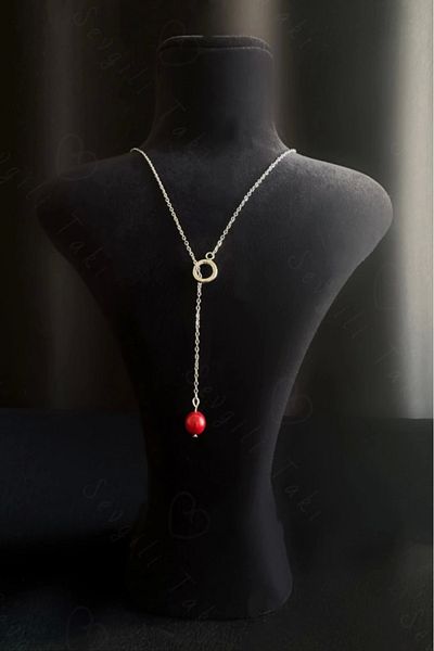 SEVGİLİ TAKI Y Model Coral Natural Stone Adjustable Steel Necklace - Lover Jewelry Collection