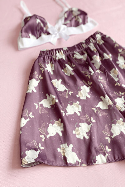 Gece İncisi Set pantaloni scurți din satin cu imprimeu elefant
