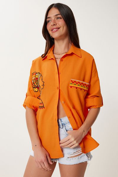 Lovelyİstanbul ORANJ Cămașă oversize din in cu detaliu broderie - LDE0007
