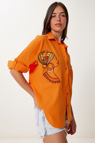Lovelyİstanbul ORANJ Cămașă oversize din in cu detaliu broderie - LDE0007